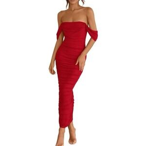 Pofash Party Dress Womens Small Red New Ruched Off The Shoulder Bodycon C426